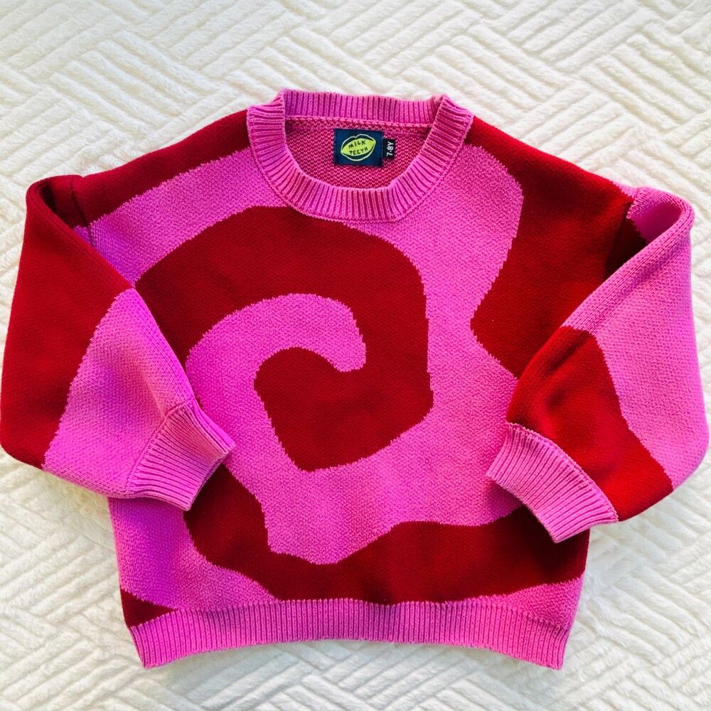 Milk Teeth 7-8Y Pink Red Swirl Knit Sweater Oversized Graphic Pullover Cozy